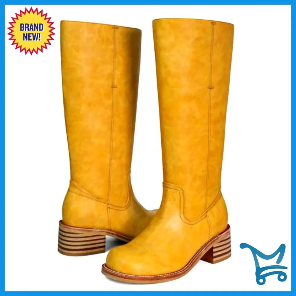 Knee High Square Toe Block Heel Faux Leather Boots Pull On
